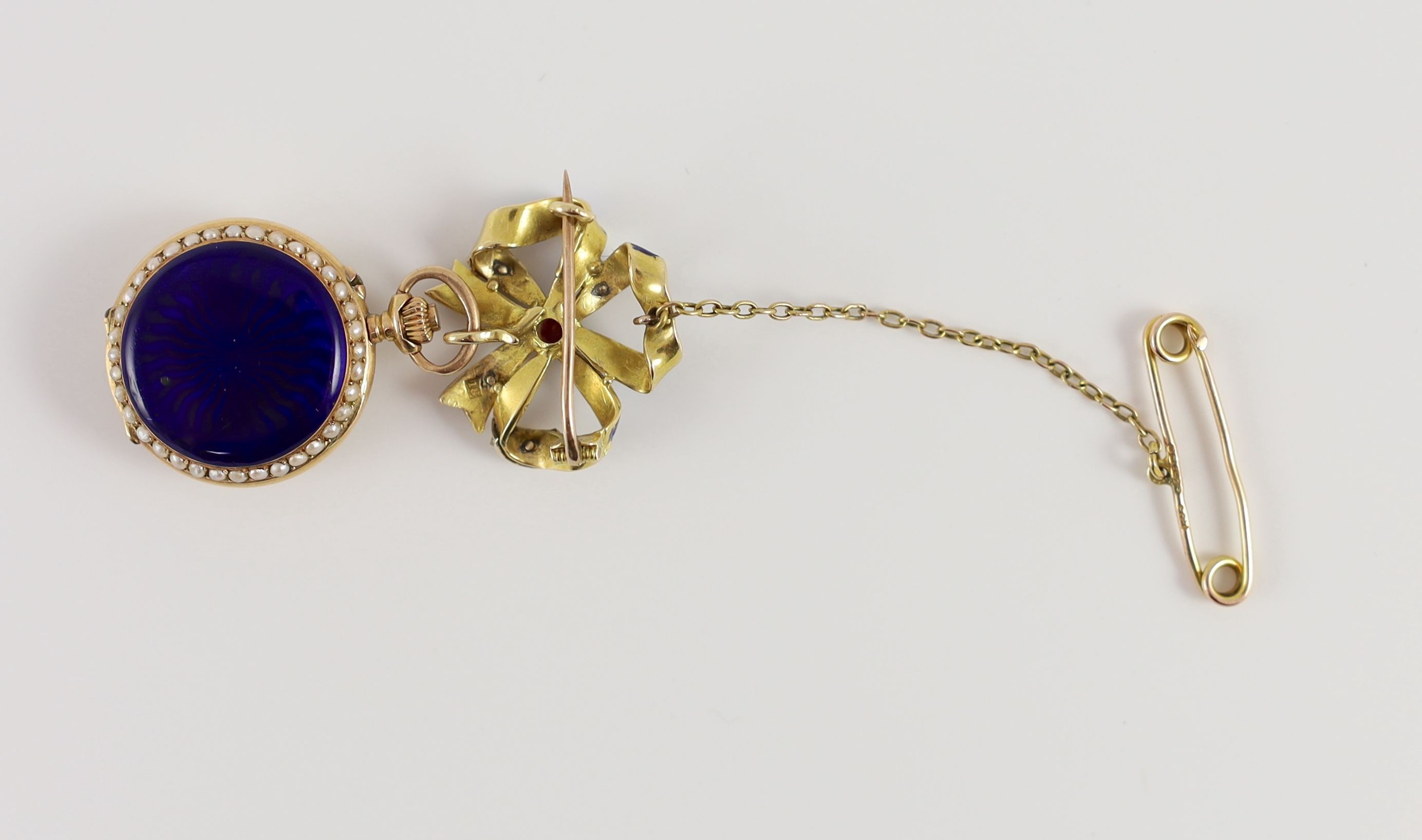 A lady's late 19th/early 20th century Swiss 18ct gold, enamel, split pearl and diamond set fob watch, on an associated 18ct gold, enamel, ruby and diamond set ribbon bow suspension brooch
